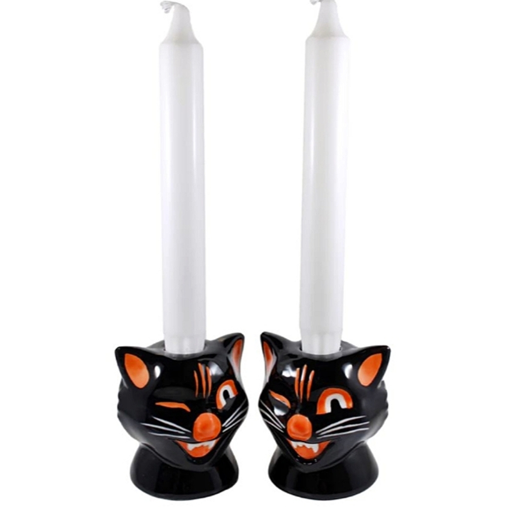*SOLD* SOURPUSS Black Cat Ceramic Candle Holders Set Of Two 3” x 3.25” Halloween - Picture 4 of 4